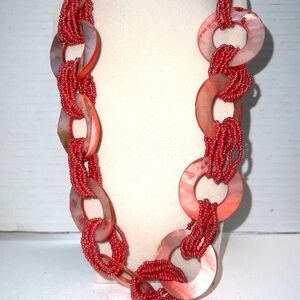 Chunky‎ Red Beaded Statement Necklace Shell Ring Links